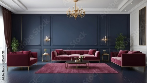 Modern and minimalis Living Room, Antique White & Burgundy interior design, Navy Blue sofa photo
