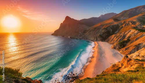 Photo beautiful sunset on the beach photo as a background, mountains and sea; autumn or summer landscape by blue water