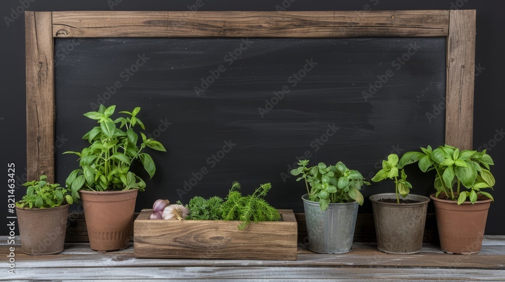 A wooden table displays a variety of herbs and vegetables in front of a blackboard, creating a beautiful display of terrestrial plants in a cozy setting A wooden table displays a variety of herbs and vegetables in front of a blackboard, creating a beautiful display of terrestrial plants in a cozy setting
