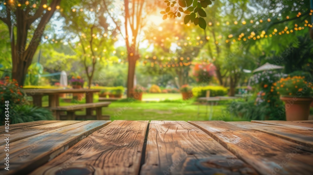 A wooden table set up in a beautiful green park, perfect for outdoor dining or picnics