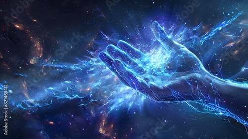 Illustrate a spiritual hand manipulating the wiring diagram of the universe channeling cosmic energy 