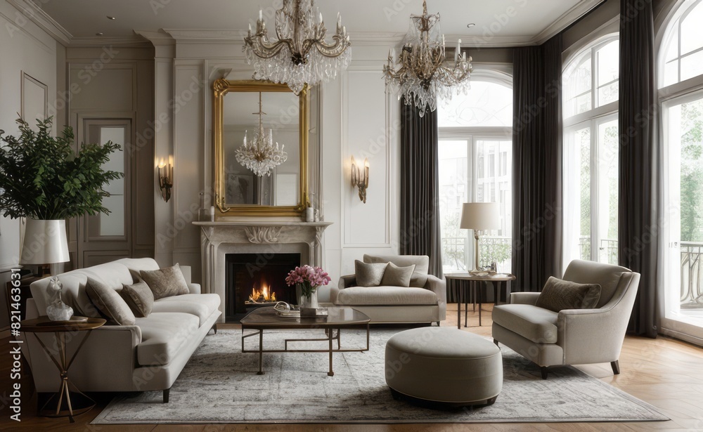 Elegant professional photograph of a white and gold luxury living room interior with a grand chandelier and lush greenery Elegant professional photograph of a white and gold luxury living room interior with a grand chandelier and lush greenery