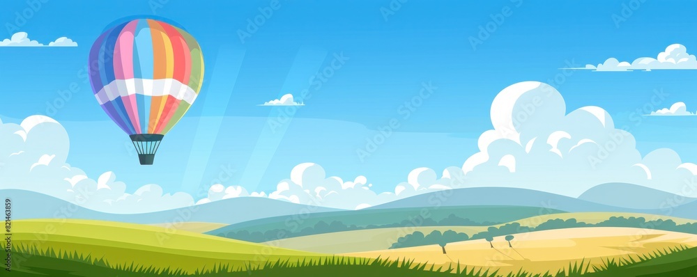 Obraz premium A colorful hot air balloon is flying over a beautiful landscape with mountains in the background. The scene is peaceful and serene, with the hot air balloon adding a sense of adventure