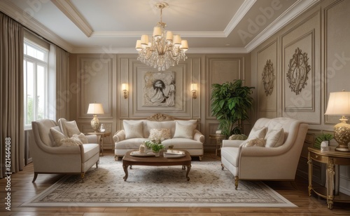 Elegant professional photograph of a white and gold luxury living room interior with a grand chandelier and lush greenery