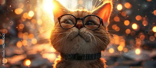 Chubby Cat with Whimsical Glasses Basks in Animated Spotlight Against Cartoon Explosion Background