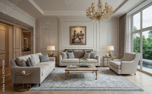 Elegant professional photograph of a white and gold luxury living room interior with a grand chandelier and lush greenery