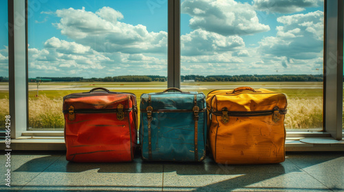 Three colorful suitcases, red, blue, and yellow, lined up in an airport terminal against a scenic view of the runway. photo