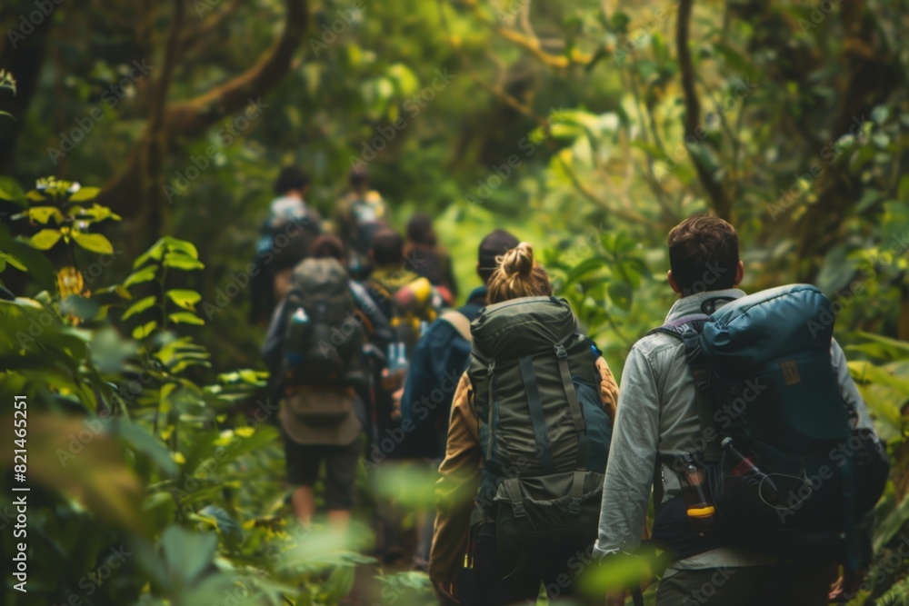Group of friends hiking through a dense forest