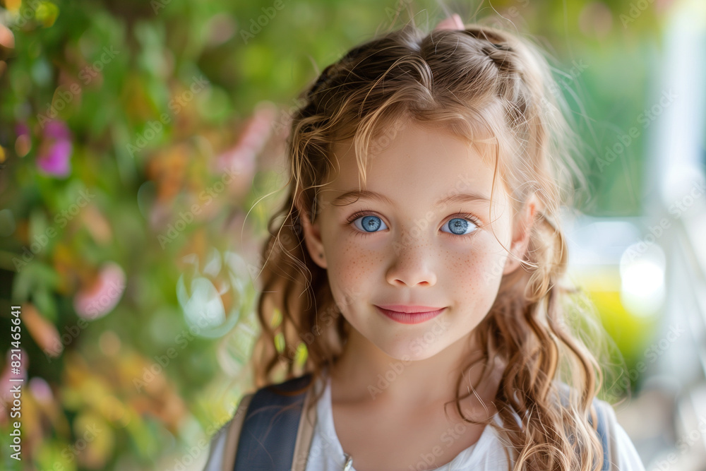 Happy White Girl with Backpack Outside Ready for Back to School or Hiking Adventure Happy White Girl with Backpack Outside Ready for Back to School or Hiking Adventure