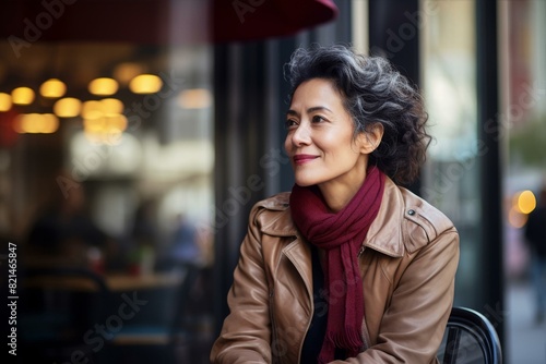 Smiling mature mix race woman enjoying cafe, leather jacket and scarf, smiling while sitting in a cozy cafe. Warm indoor lights