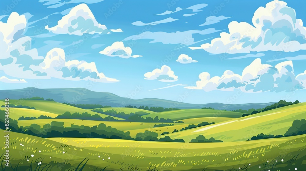 Summer fields, hills landscape, green grass, blue sky with clouds, flat style cartoon painting illustration