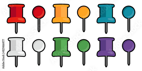 Push pin vector illustration set. Collection of office stationery pin icons in modern, simple flat style.