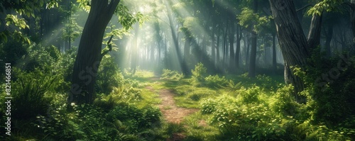 A painting of a forest with a path through it. The painting is bright and full of life  with the sunlight shining through the trees and casting a warm glow on the scene