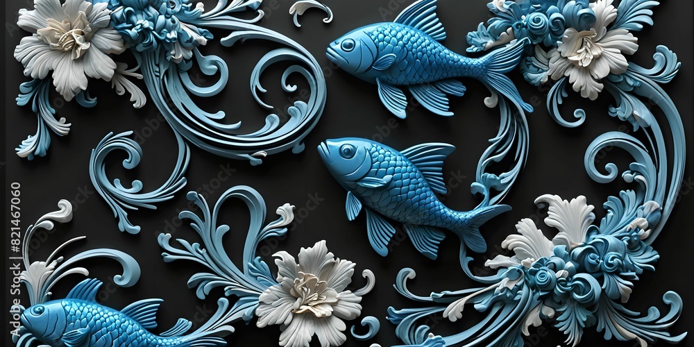 wallpaper representing a pattern of blue fish, on a black background ...