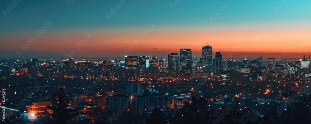 Obraz premium A city skyline at sunset with a bright orange sun in the sky. The city is lit up with lights and the sky is filled with clouds