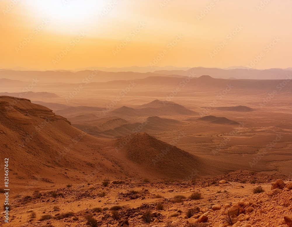 Naklejka premium Atmospheric Panorama on the Surface of Mars. Martian Landscape Photo with Hazy Orange Sky.
