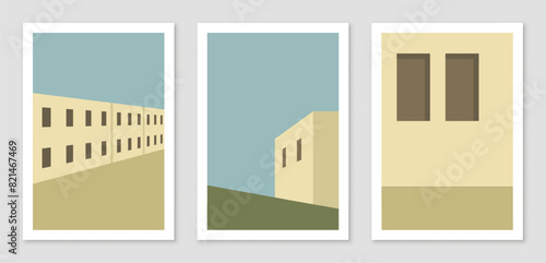 Abstract architectural set of posters. Minimalist geometric wall art design in retro colors