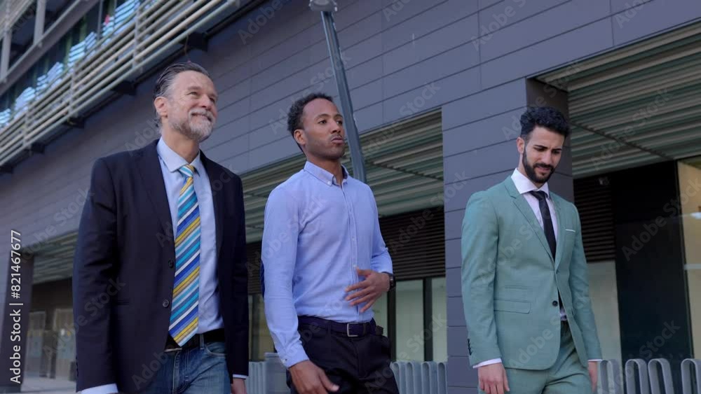 Three successful professional businessmen walking at city street while discussing about new business ideas. Team corporate colleagues enjoying a walk outside at building office area. Three successful professional businessmen walking at city street while discussing about new business ideas. Team corporate colleagues enjoying a walk outside at building office area.
