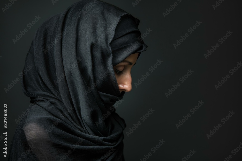 Elegant profile view of a woman in black hijab, subtle lighting emphasizes texture and mood, design and social media. Elegant profile view of a woman in black hijab, subtle lighting emphasizes texture and mood, design and social media.