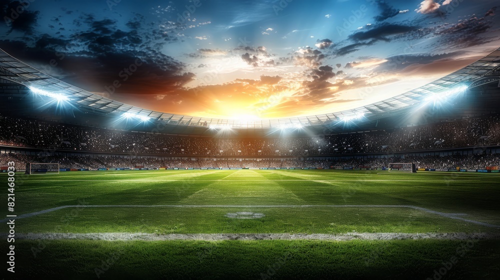 Amidst the night sky, a sea of green artificial turf glows under the floodlights of the stadium as passionate fans fill the stands, creating an electric atmosphere for a thrilling game of soccer Amidst the night sky, a sea of green artificial turf glows under the floodlights of the stadium as passionate fans fill the stands, creating an electric atmosphere for a thrilling game of soccer