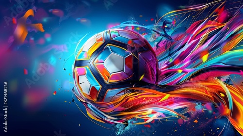 An abstract of a glowing neon-colored soccer ball suspended elegantly against a deep blue background