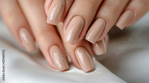 Close-up di mani di donna con manicure neutra e unghie perfettamente curate con smalto photo
