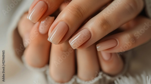 Close-up di mani di donna con manicure neutra e unghie perfettamente curate con smalto
