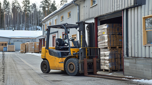 A forklift operator loading pallets into an outdoor warehouse, emphasizing industrial activity and logistics in a winter setting.