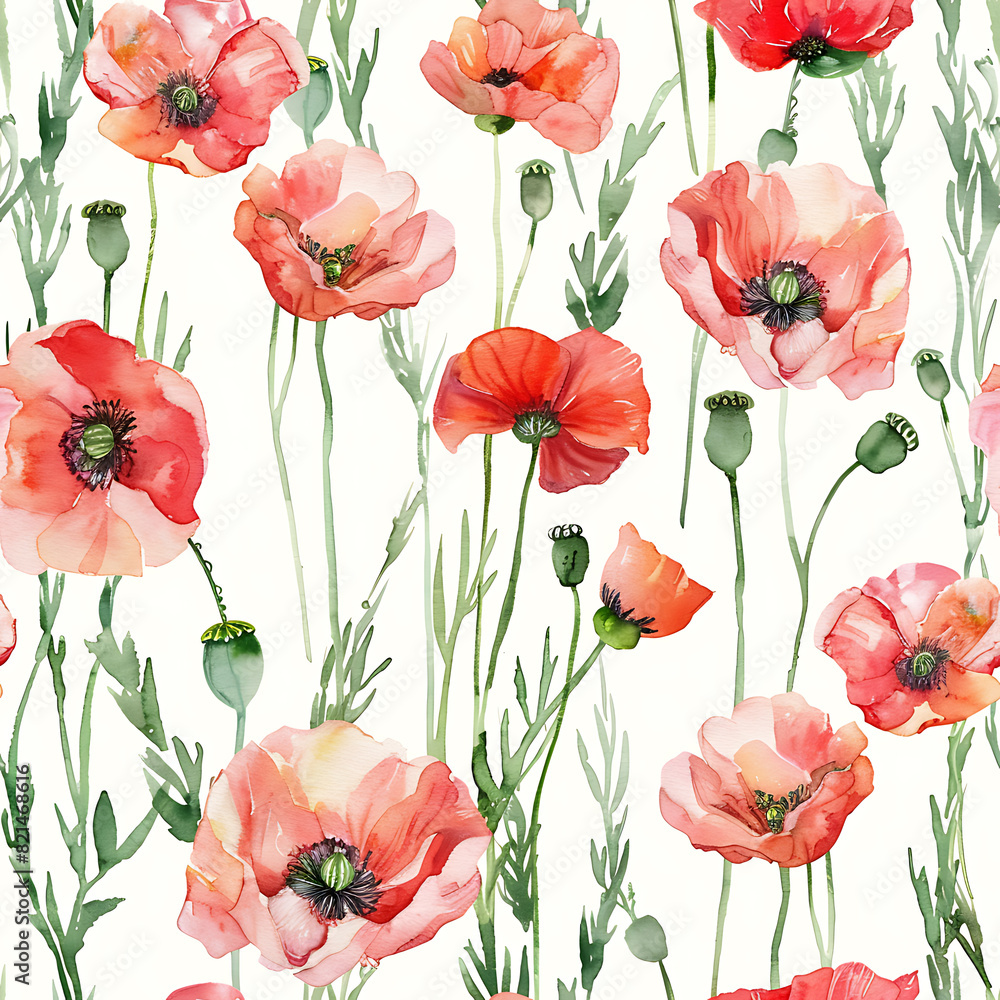 Watercolor Poppies on a Repeating Pattern