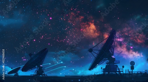 Radio telescope in starry night with milky way
 photo