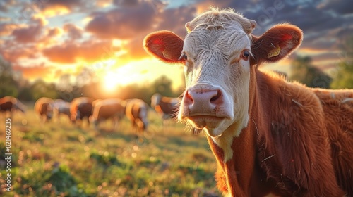 A close up of a cow standing in the middle of an open field  AI