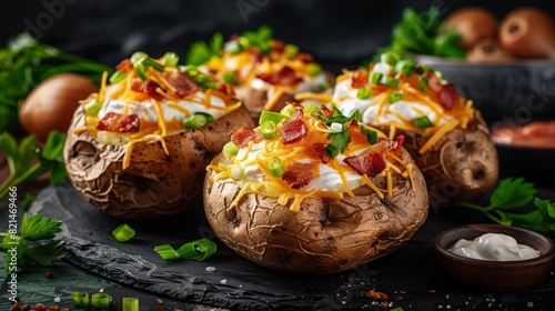 Baked potatoes stuffed with bacon, cheese and green spring onions, surrounded by sour cream and parsley photo