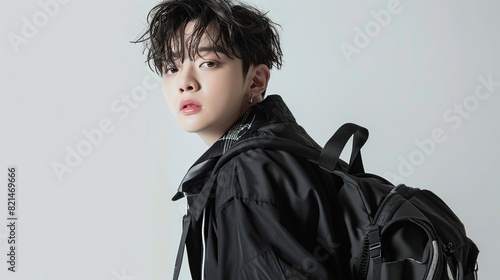 A photo of a handsome and cute Korean idol, wearing a black bomber jacket, a windbreaker vest tied around his waist, and posing sideways. copy space for text.