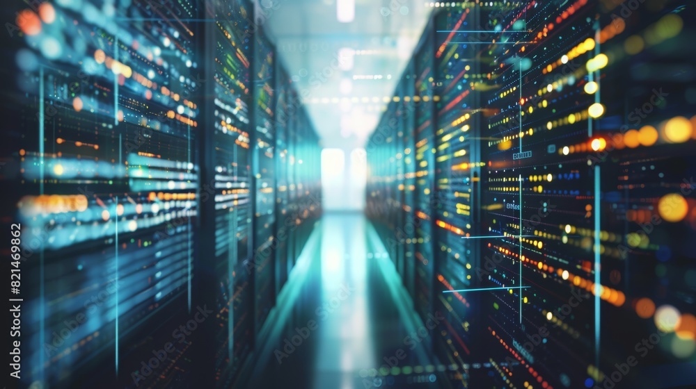 Abstract futuristic server room with digital graph of data and information flow, closeup. Abstract futuristic server room with digital graph of data and information flow, closeup.