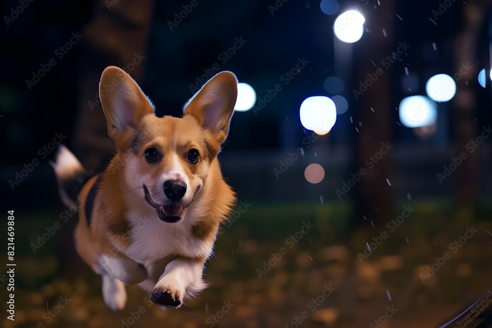 Energetic Corgi Leaping Mid-Air in a Nighttime Park Energetic Corgi Leaping Mid-Air in a Nighttime Park