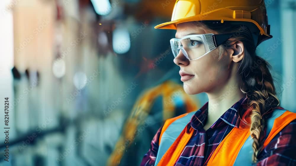 Female worker in safety gear observing industrial environment Female worker in safety gear observing industrial environment