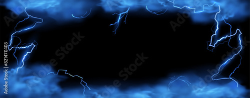 Vector frame design made of stormy blue sky with smoke, fog on a black background