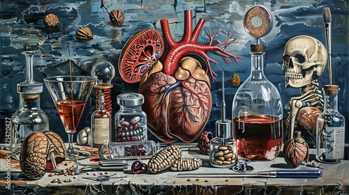 Surreal anatomical still life with hearts and organs