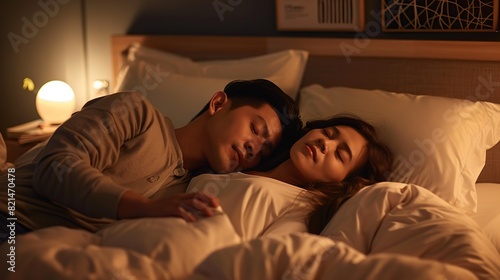 Asian couple sleeping soundly in bed under the soft light of LED bedside lamp, symbolizing comfortable sleep in an organized bedroom environment. copy space for text.