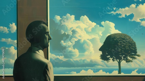 Surreal painting of a man looking out a window at a tree-shaped head in the sky photo