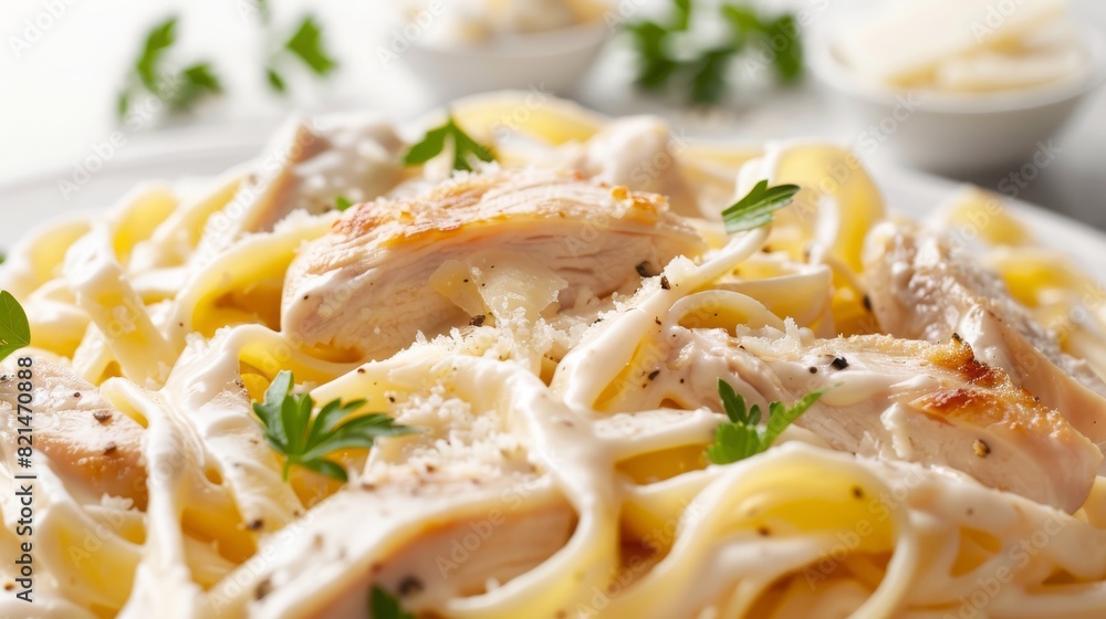Close up of fettuccine alfredo with chicken parmesan parsley on white background Italian dish Close up of fettuccine alfredo with chicken parmesan parsley on white background Italian dish