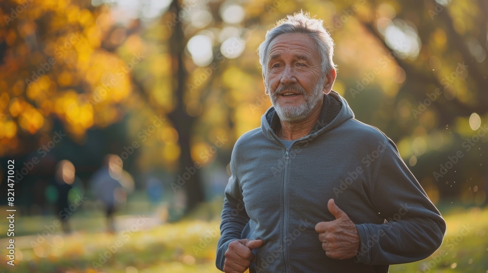A happy healthy Caucasian senior man is jogging for exercise with his friends at park. A happy healthy Caucasian senior man is jogging for exercise with his friends at park.