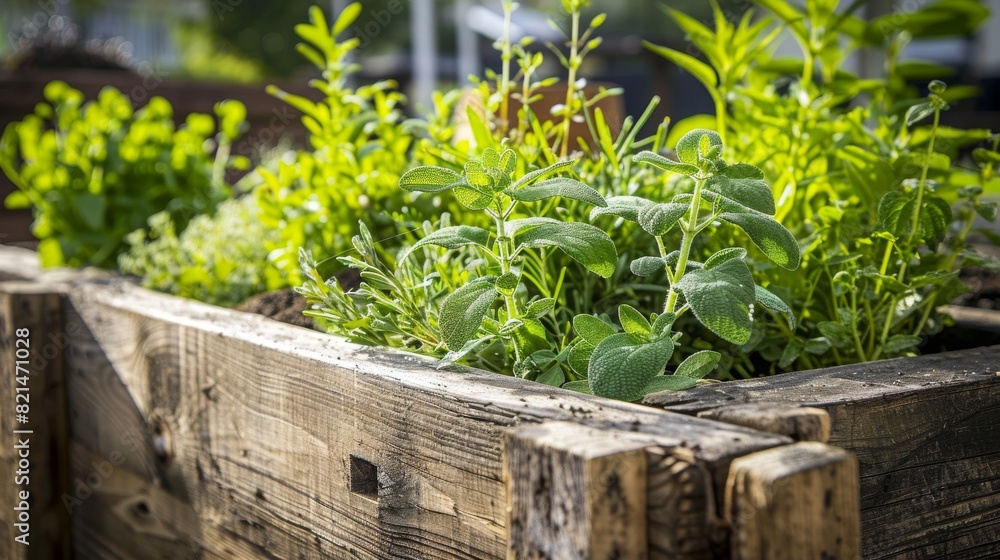 Close up of fresh medicinal herbs, in wooden raised bed in garden Close up of fresh medicinal herbs, in wooden raised bed in garden