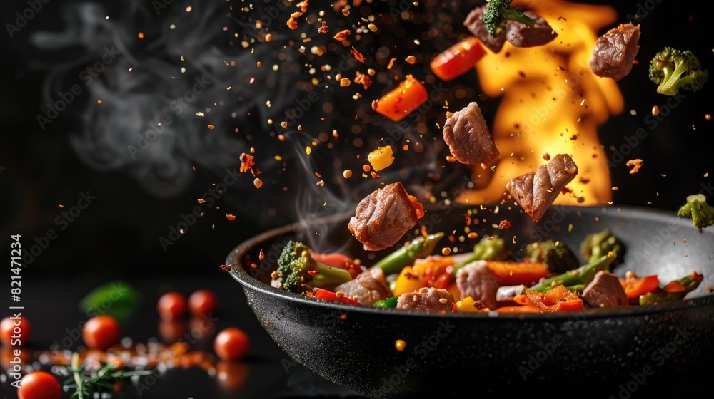 pan with meat and vegetables flying out, a fire in the background against a black isolated background, for food advertising, with ultrarealistic stock photography, pan with meat and vegetables flying out, a fire in the background against a black isolated background, for food advertising, with ultrarealistic stock photography,