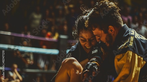 Strong woman pinned down in an American Jiu jitsu tournament by a weak looking man in the arena. man beating women. copy space for text. © Naknakhone