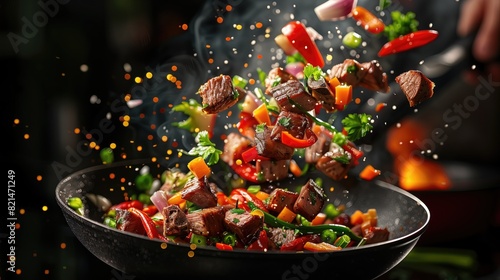 The image captures the dynamic process of food being cooked. Specifically, pieces of meat and colorful vegetables are being sautéed in a pan, with some pieces tossed in the air