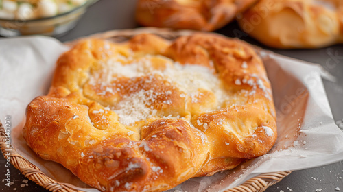 Delicious lángos in the market with garlic. Langos is a traditional hungarian food deep fried flat bread with yeast dought