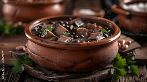 Close up of traditional Brazilian dish feijoada in brown clay bowl on a wooden kitchen table
