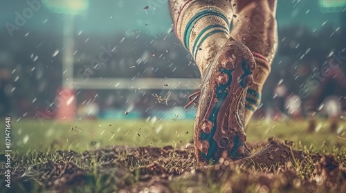 Close-up of a rugby player's feet on the stadium grass. photo