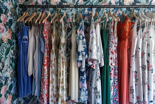Display of various dresses and shirts hanging on a rack in a fashionable womens closet. Generative AI © Анатолий Савицкий